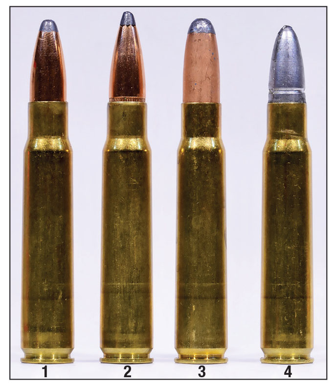 Loaded rounds include: (1) Speer 170-grain HCSS, (2) Hornady 195-grain InterLock, (3) Hawk 200- grain roundnose and (4) a cast 210-grain bullet.